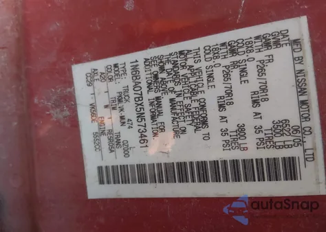 2005 Nissan Titan Le из США, поврежденный, VIN 1N6BA07BX5N573461